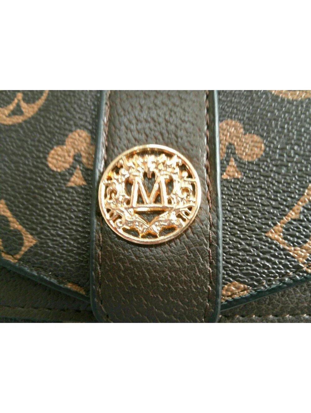 Brown Monogram Leather Wallet with Gold Logo Button